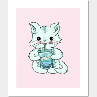 kawaii cat drinking boba tea Posters and Art